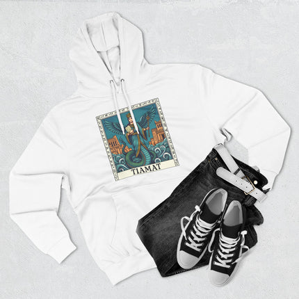 Tiamat Babylonian mythology serpent goddess graphic on white pullover hoodie.