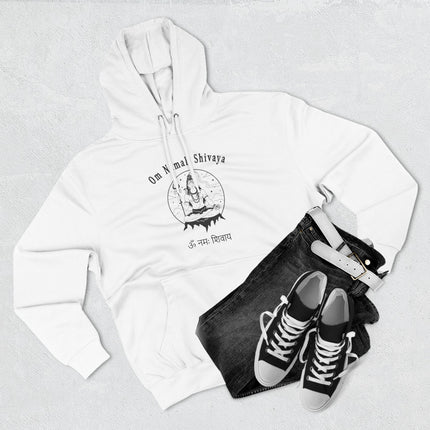 Om Namah Shivaya Shiva mantra graphic on white spiritual meditation hoodie.