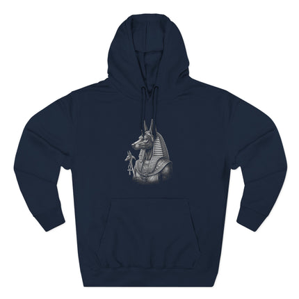 Anubis Egyptian jackal god illustration on a navy pullover hoodie.