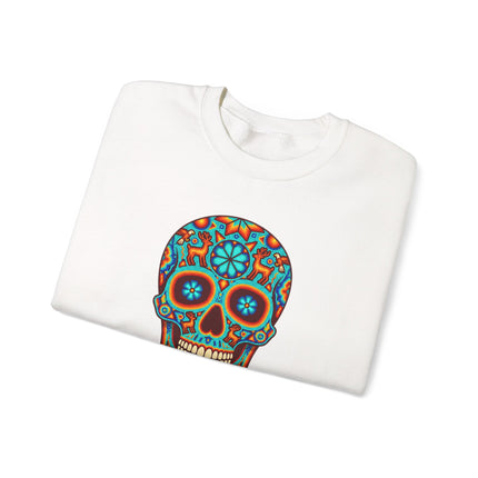 Colorful Huichol skull design on unisex pullover sweatshirt, featuring vibrant Mexican folk art motifs.