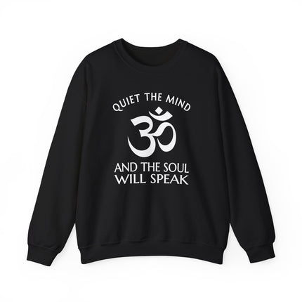 Om symbol mindfulness sweatshirt with "Quiet The Mind, Soul Will Speak" text print.