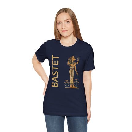 Bastet Egyptian goddess graphic tee featuring the cat goddess, ancient symbols, and mythology design.