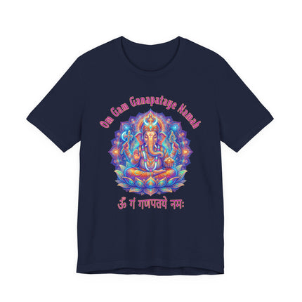 Psychedelic Ganesha mandala t-shirt featuring the Om Gam Ganapataye Namah mantra.