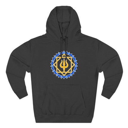 Black hoodie featuring a geometric Shiva Trishula and lotus mandala symbol design.