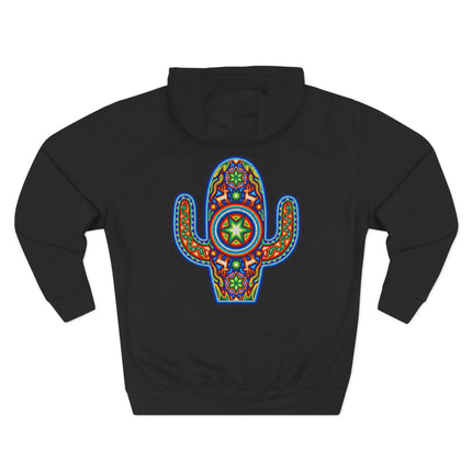 Vibrant Huichol art cactus print on black hoodie, featuring psychedelic Mexican indigenous culture design.