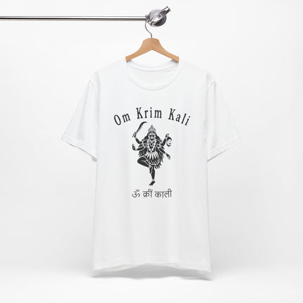 Om Krim Kali Goddess Kali Hindu spiritual t-shirt graphic design featuring mantra and art.