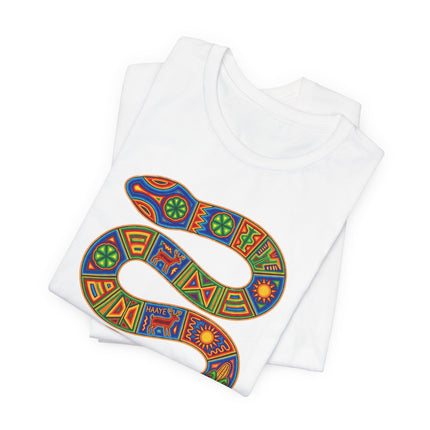 Huichol snake art graphic tee featuring vibrant tribal indigenous serpent design.