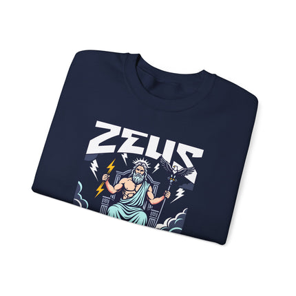 Zeus King of the Gods lightning sweatshirt with Greek mythology design.