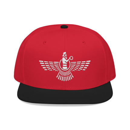 Red snapback hat embroidered with the Faravahar symbol, representing Zoroastrian Persian culture.