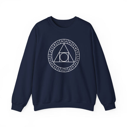 Alchemy symbols and sacred geometry print on a unisex sweatshirt pullover.