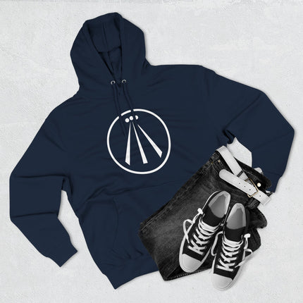 Dark blue hoodie featuring the white Awen symbol, representing Celtic inspiration and spiritual flow.