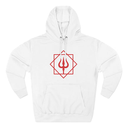 White hoodie featuring the red Om and Trishula symbol graphic for Shiva devotees.