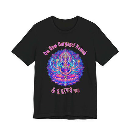 Om Dum Durgayei Namah mantra t-shirt with vibrant Durga Goddess spiritual mandala art.