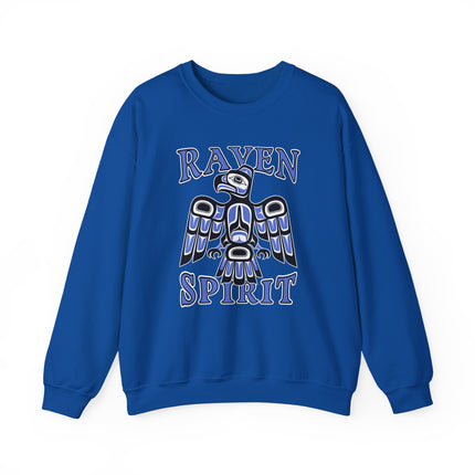 Raven Spirit Haida art graphic on blue pullover sweatshirt.