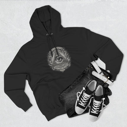 Black graphic hoodie with the Eye of Providence and pyramid Great Seal design.