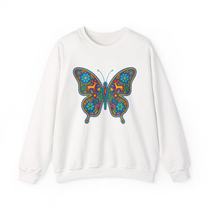 Vibrant Huichol folk art butterfly graphic on a white unisex sweatshirt.