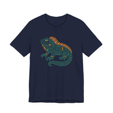 Mayan Iguana T-Shirt | Green Geometric Lizard with Striped Crest Tee