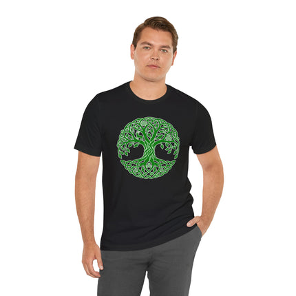 Celtic Tree of Life knotwork design in green on a black t-shirt.