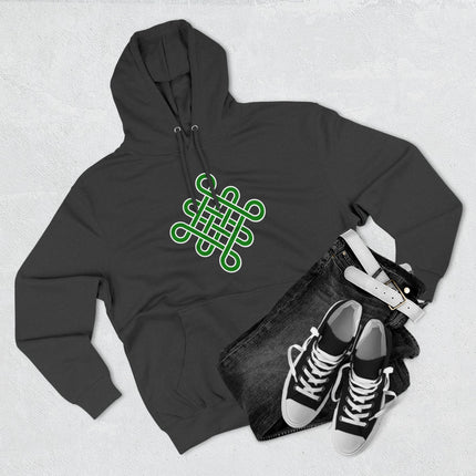 Green Celtic Knot symbol graphic on a black pullover hoodie.
