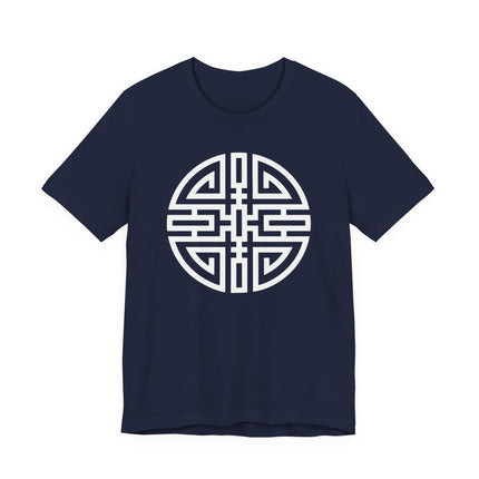 White Cai symbol graphic on a navy t-shirt, representing Chinese wealth and good fortune.