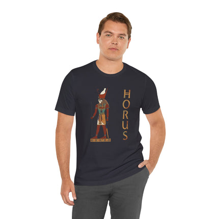 Horus Egyptian god graphic tee featuring the falcon deity and name.