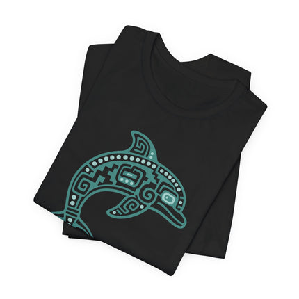 Mayan Dolphin T-Shirt | Teal Geometric Marine Animal Illustration Tee