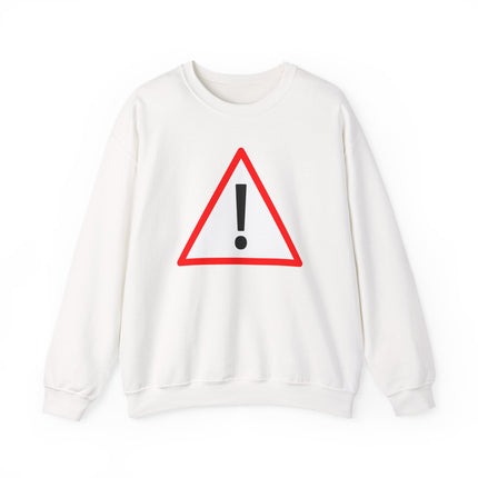 White pullover sweatshirt featuring a red caution triangle and bold exclamation mark graphic.