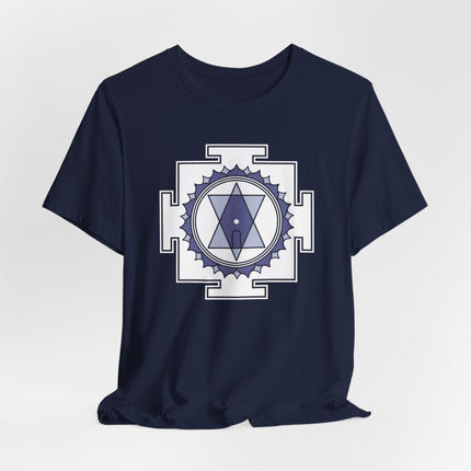 Hindu Goddess Tripura Sundari Yantra sacred geometry graphic tee on black t-shirt.