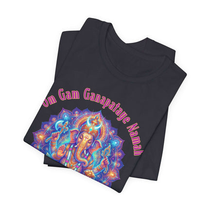 Psychedelic Ganesha mandala t-shirt featuring the Om Gam Ganapataye Namah mantra art.