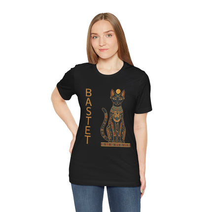 Bastet Egyptian cat goddess t-shirt design featuring hieroglyphic mythology art.