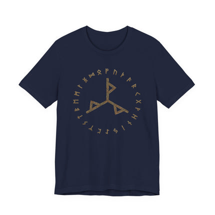 Dark blue t-shirt featuring a Norse bind rune and Elder Futhark runes graphic design.