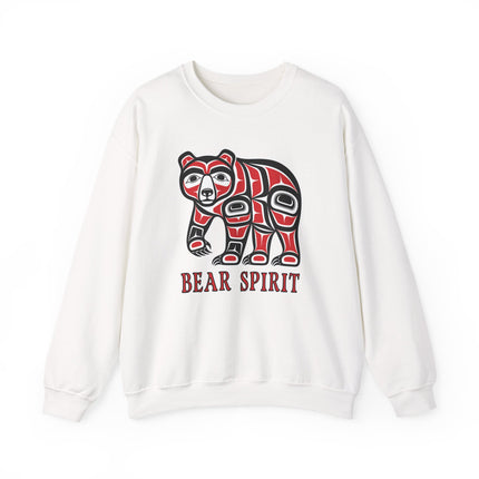 Tribal bear graphic on a sweatshirt, featuring Indigenous formline art and the text "BEAR SPIRIT.
