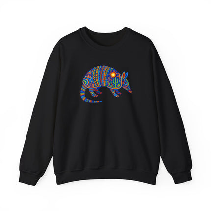 Vibrant Huichol armadillo sweatshirt featuring colorful Mexican folk art design and dotted details.