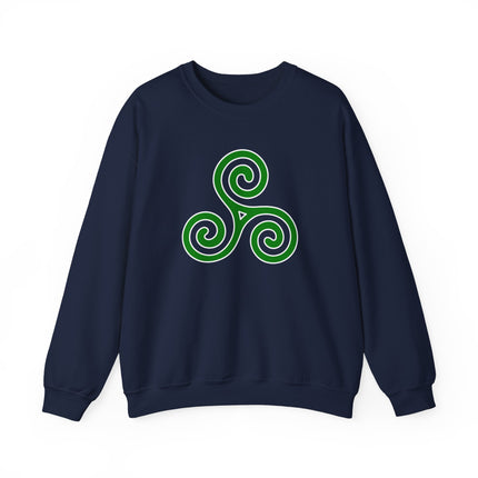 Celtic triskelion knot spiral pattern on an Irish knit pullover sweatshirt.