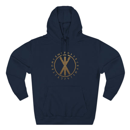 Navy hoodie featuring a gold Norse rune and Elder Futhark alphabet design.