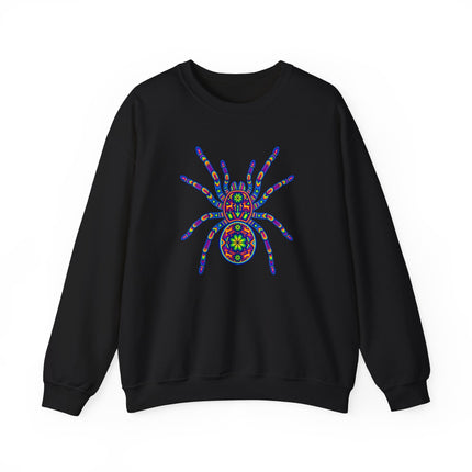 Colorful Huichol tarantula graphic sweatshirt featuring vibrant Mexican folk art spider design pullover.