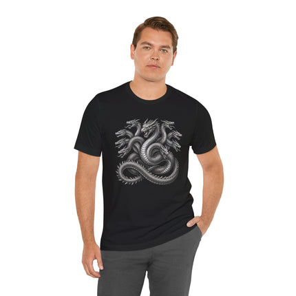 Multi-headed Hydra dragon graphic on a black t-shirt, featuring Greek mythology monster art.
