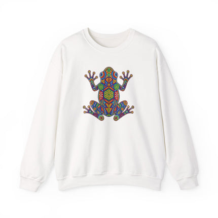 Mexican Indigenous Huichol Frog Art Sweatshirt featuring vibrant geometric patterns and pullover design.