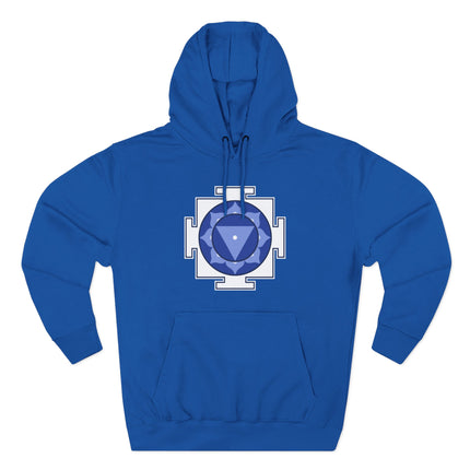 Blue pullover hoodie featuring a detailed Tara Yantra sacred geometry symbol design.