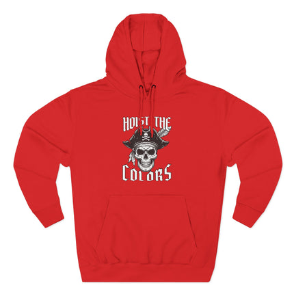Pirate skull graphic hoodie featuring a tricorn hat and "Hoist The Colors" nautical slogan.