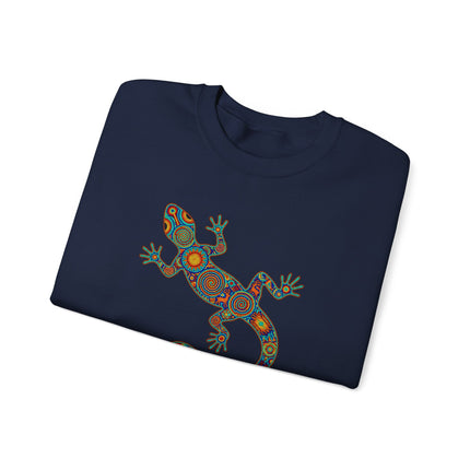 Colorful Huichol tribal lizard artwork printed on a unisex pullover sweatshirt.