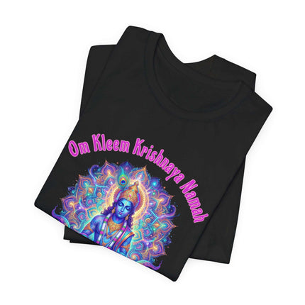 Vibrant Krishna mandala t-shirt featuring the Om Kleem Krishnaya Namah mantra design.