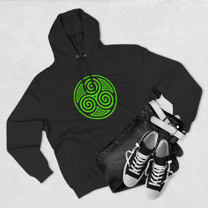 Green Celtic triskelion triple spiral symbol printed on a black unisex hoodie.