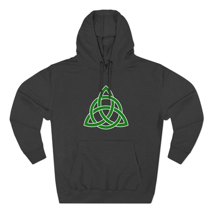 Green Celtic Triquetra knot symbol on a black pullover hoodie.