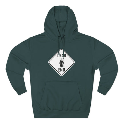 Dead End Grim Reaper graphic on a dark green unisex pullover hoodie.