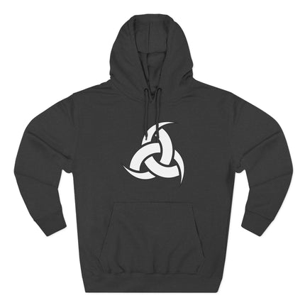 White Odin's Horns Norse knot symbol graphic on black hoodie.