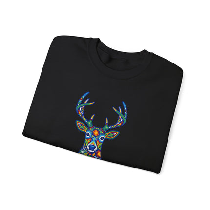 Huichol Deer Symbol Sweatshirt featuring vibrant Mexican geometric folk art patterns.
