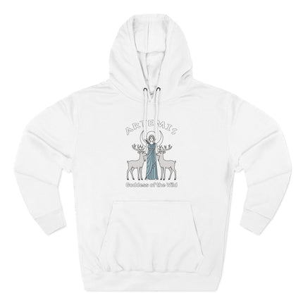 Artemis Goddess of the Wild hoodie graphic with moon and deer mythology art.