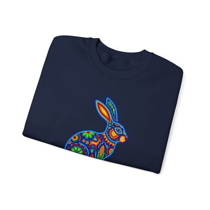 Colorful Huichol-style beaded rabbit design on a comfortable pullover sweatshirt.
