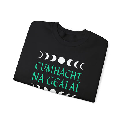 Irish Cumhacht Na Gealaí Moon Power Phases graphic sweatshirt featuring celestial moon phases design.